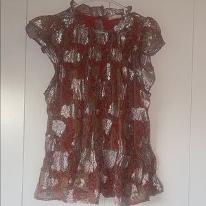 Anthropologie Red and Silver Paisley Top